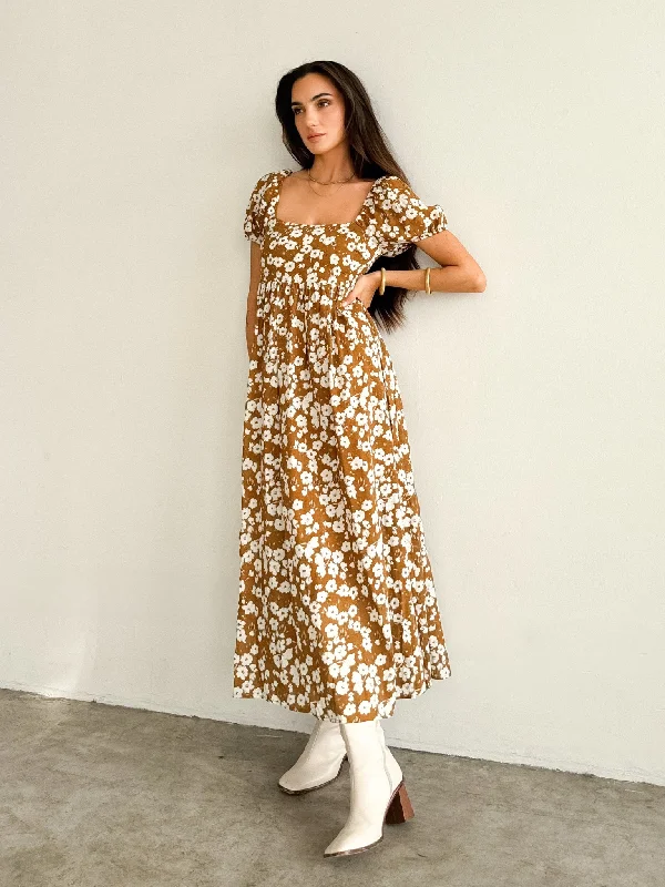 Toffee Floral Midi Dress Fashionable Sheer Sleeve Midi Dress