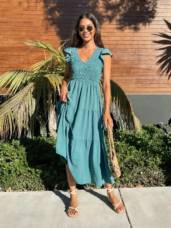 On the Town Midi Dress in Teal Stylish Wraparound Midi Dress