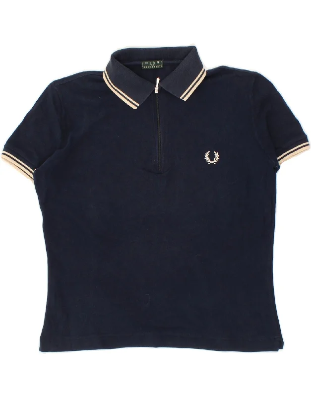 FRED PERRY Womens Polo Shirt UK 14 Medium Navy Blue Cotton Elegant Lace-Trimmed Short Shirt