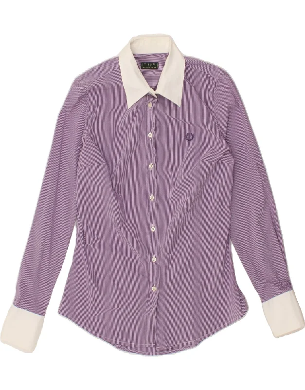 FRED PERRY Womens Shirt UK 12 Medium Purple Pinstripe Cotton Casual Ruffle Short Shirt