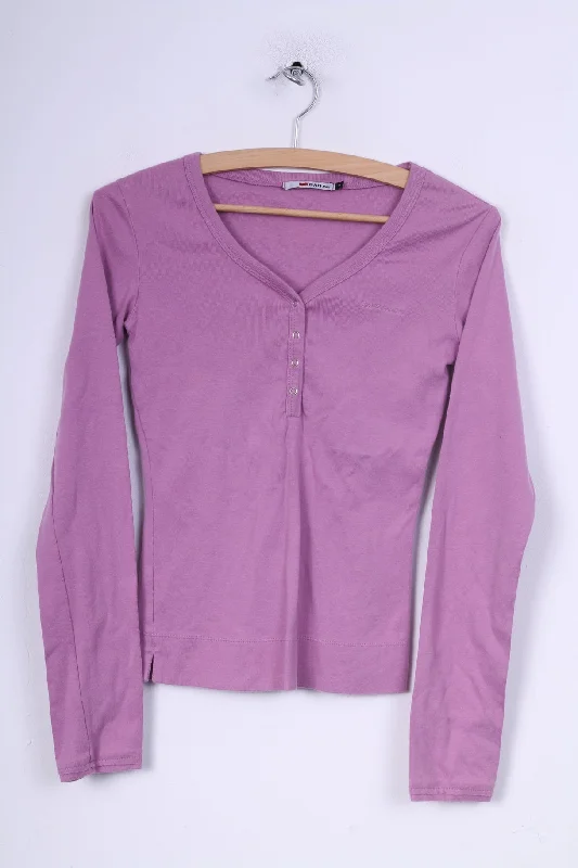 Gas Jeans Womens S Shirt Lilac Long Sleeve V Neck Cotton Popper Button Casual Loose Short Sleeve