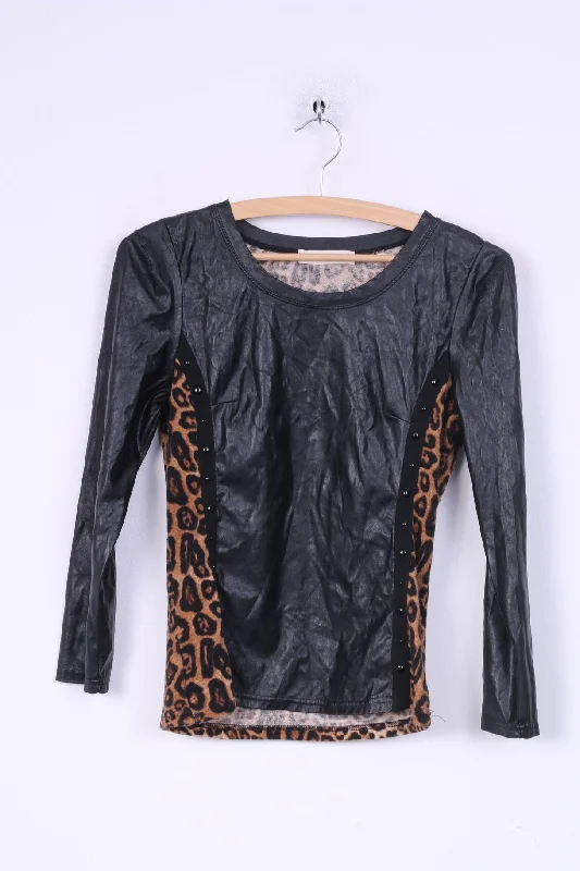 Giorgia Womens S Shirt Black Animal Leopard Print Imitation Leather Party Fashionable Cuffed Short Sleeve