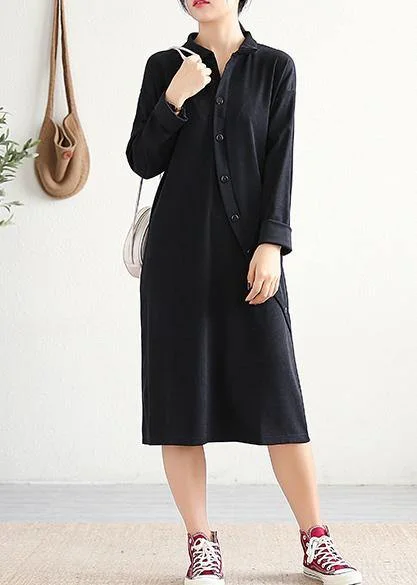 Handmade black Cotton Tunics lapel asymmetric Midi Dress Fashionable Pleated Midi Dress