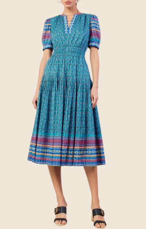 Helena Blue Multi Midi Dress Elegant Satin Button Midi Dress