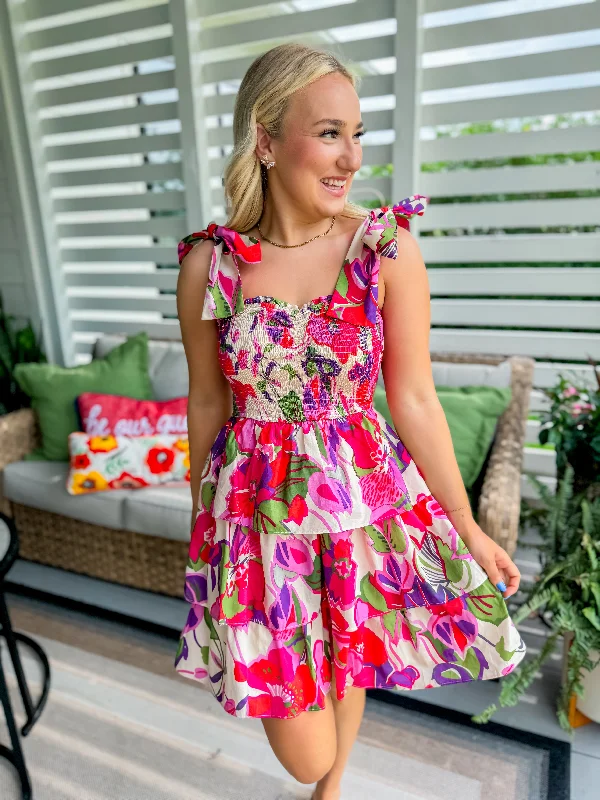 Smocked Multi Floral Mini Dress Stylish Sweetheart Mini Dress