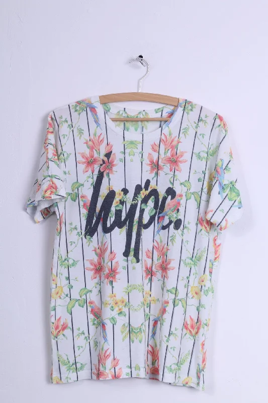 Hype Womens M Shirt White Striped Flowers 36 Fashionable Cuffed Short Sleeve