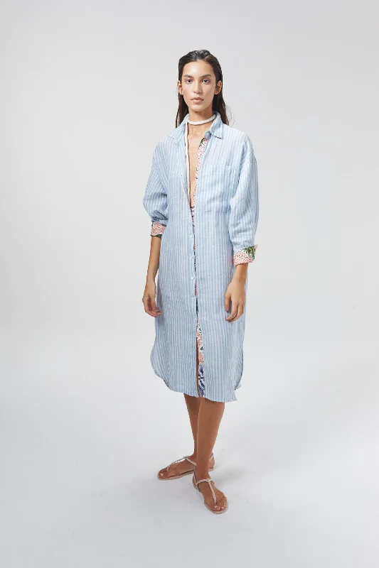 Island Linen Midi Dress - Light Blue and White Stripes with Contrasting Details Comfortable Geometric Print Midi Dress