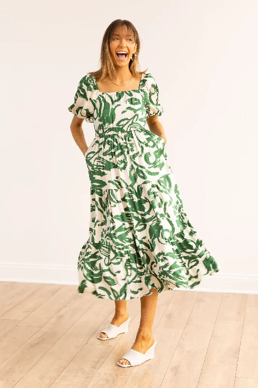 Elizabeth Midi Dress, Green & Ivory Comfortable Empire Waist Midi Dress