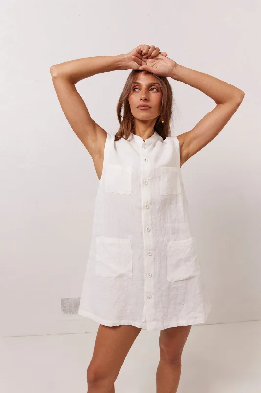 Jean Linen Mini Dress White Casual Button-Up Mini Dress