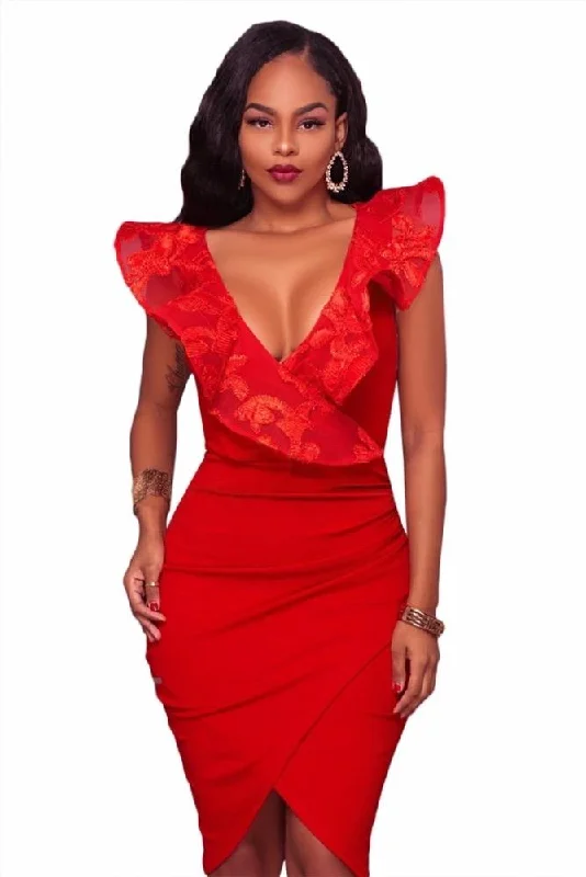 Sleeveless Lace Ruffle V Neck Midi Dress Trendy Off-Shoulder Ruffle Midi Dress