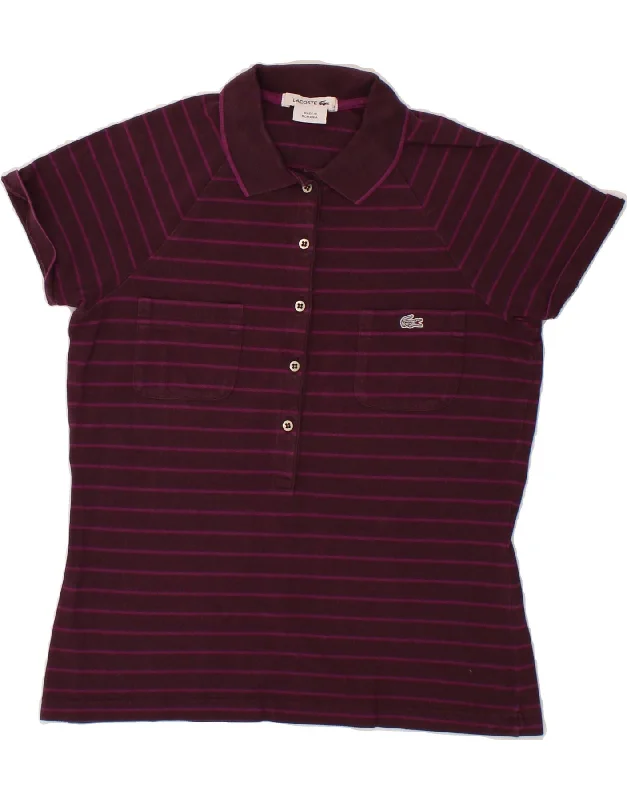 LACOSTE Womens Polo Shirt Size 38 Medium Purple Striped Cotton Chic Embellished Short Sleeve