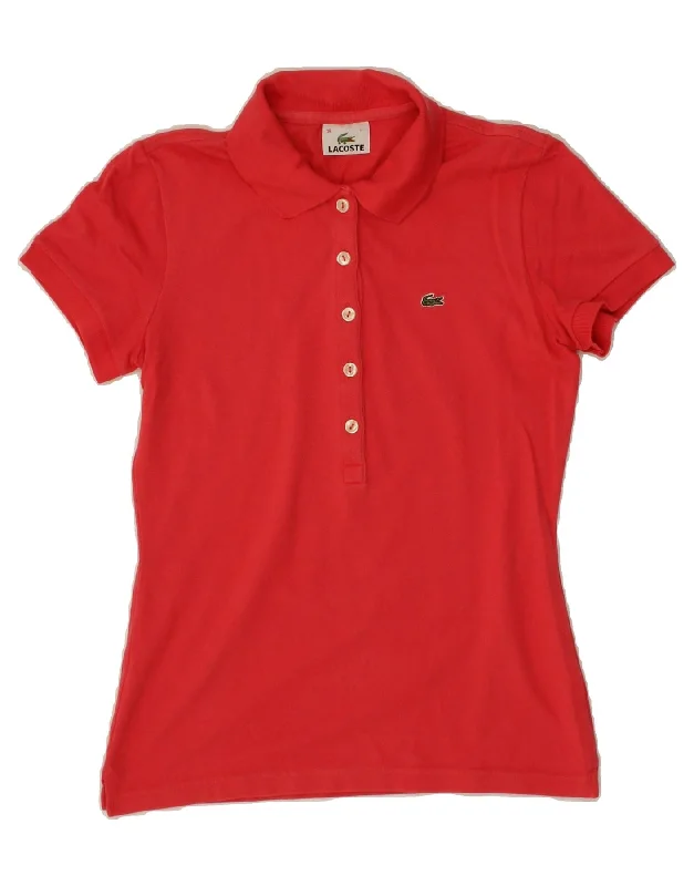 LACOSTE Womens Polo Shirt Size 38 Medium Red Cotton Fashionable Plaid Short Sleeve