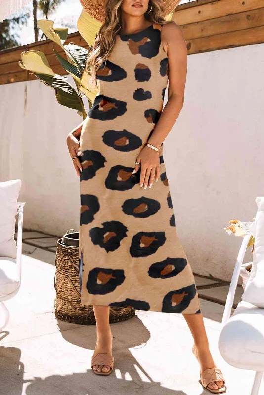 Leopard Round Neck Sleeveless Midi Dress Cozy Spaghetti Strap Midi Dress