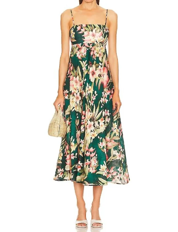 Lexi Bandeau Midi Dress In Green Palm Trendy Ruched Side Midi Dress