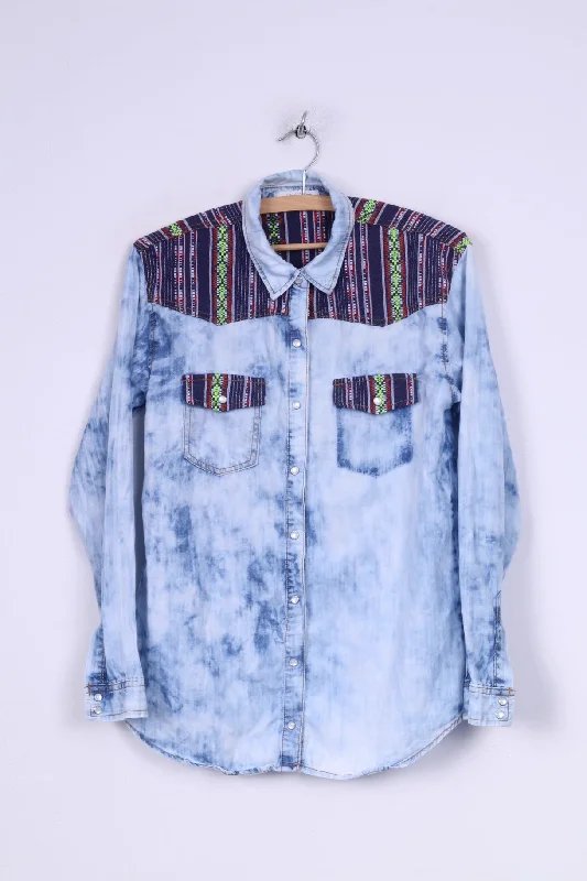 Life in progress Womens S Denim Shirt Aztec Details Acid Wash Jeans Snaps Casual Cotton Short Shirt