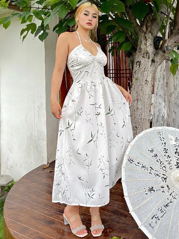 Luna Plus Size White Leaf Print Spaghetti Strap Halter V-Neck Long Midi Dress Cozy T-shirt Midi Dress