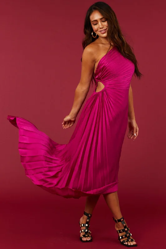 Magenta One Shoulder Side Cut Out Pleated Midi Dress Trendy Shift Midi Dress