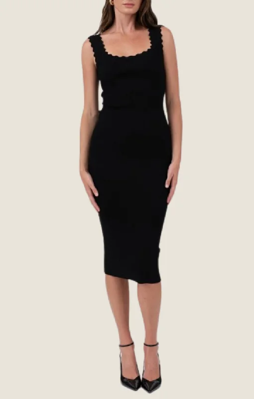 Mallory Black Knit Midi Dress Elegant Puff Sleeve Midi Dress