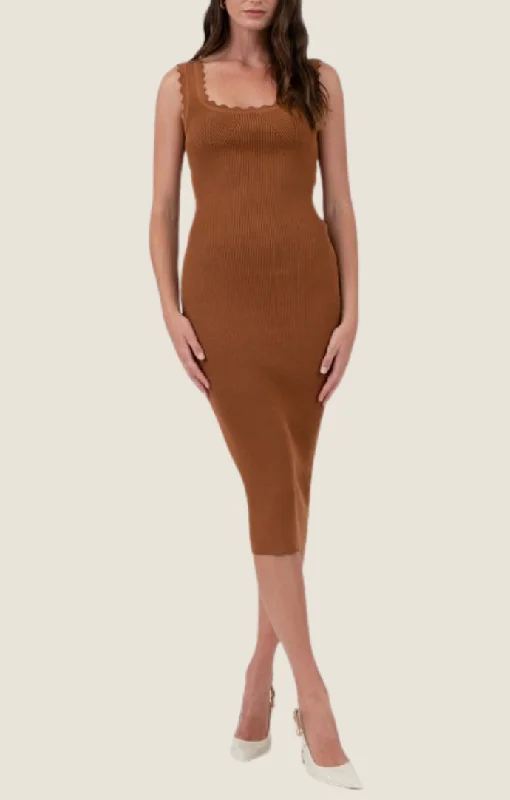 Mallory Caramel Knit Midi Dress Comfortable Short Sleeve Midi Dress