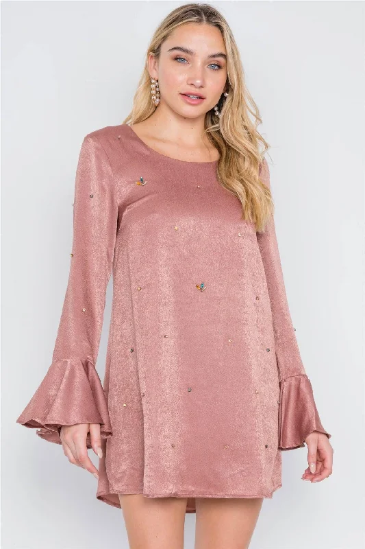 Mauve Long Bell Sleeves Rhinestone Mini Dress Fashionable Off-Shoulder Mini Dress