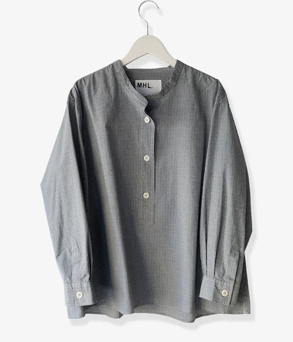 MHL./TINY GINGHAM COTTON P/O SHIRT WOMENS (BLUE) Chic V-Neck Short Blouse
