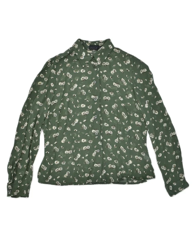 MISS H Womens Shirt Blouse EU 40 Medium Green Floral Viscose Trendy Short Sleeve Blouse