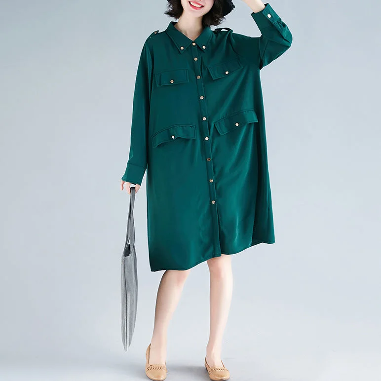 Modern lapel collar Cotton Tunics Fun Photography green Midi Dress spring Stylish Button-Up Midi Dress