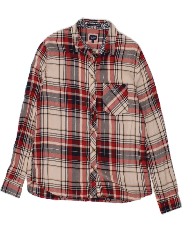 PEPE JEANS Womens Shirt UK 12 Medium Red Check Viscose Casual Loose Short Sleeve