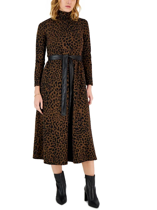 Petites Womens Turtleneck Animal Print Midi Dress Cozy Ribbed Knit Midi Dress