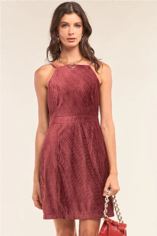 Plum Red Corduroy Sleeveless Square Neck Tight Fit Mini Dress Elegant Floral-Print Mini Dress