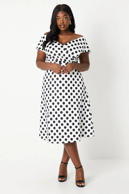 Plus Bardot Midi Dress In Spot Chic Off-Shoulder Midi Dress