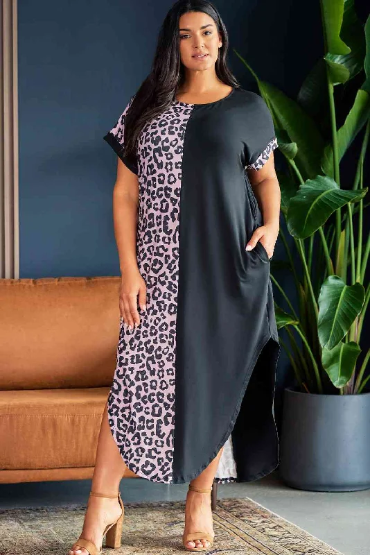 Plus Size Contrast Leopard Short Sleeve Midi Dress Trendy Long Sleeve Midi Dress