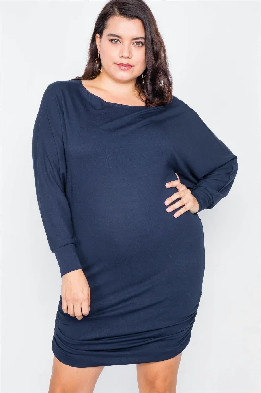 Plus Size Navy Batwing Basic Mini Dress Comfortable Fit-and-Flare Mini Dress