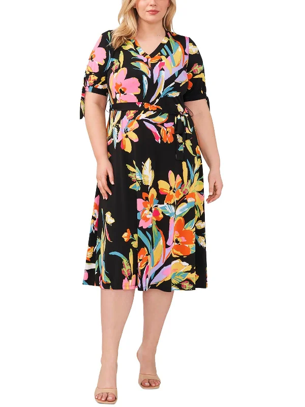 Plus Womens Floral Print Polyester Midi Dress Fashionable Chiffon Midi Dress