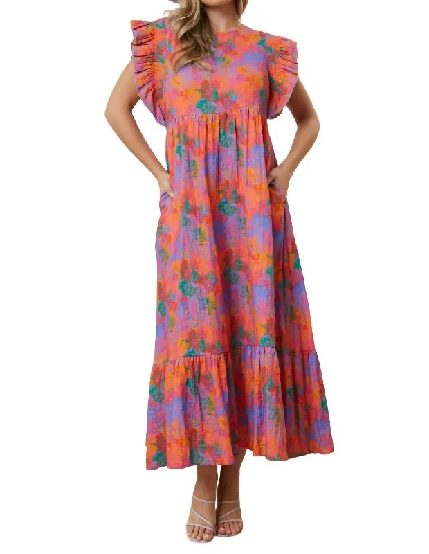 Pretty On Point Gauze Floral Midi Dress In Purple Multi Elegant Floral Skirt Midi Dress