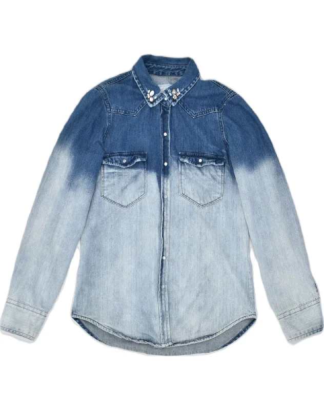 PULL & BEAR Womens Denim Shirt UK 10 Small Blue Tie Dye Cotton Relaxed Button-Down Short Shirt PULL & BEAR Womens Denim Shirt UK 10 Small Blue Tie Dye Cotton Relaxed Button-Down Short Shirt