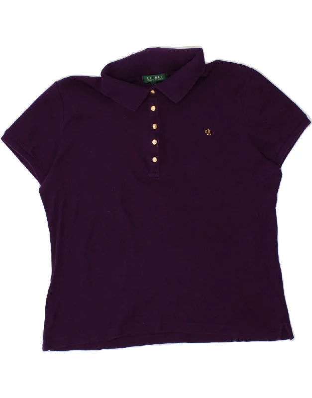 RALPH LAUREN Womens Polo Shirt UK 16 Large Purple Cotton Trendy Ruffled Short Sleeve