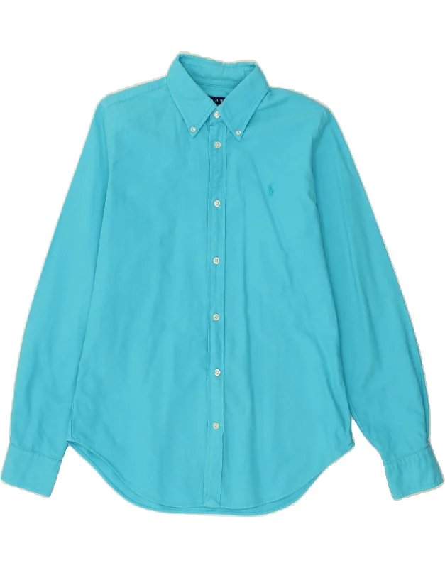 RALPH LAUREN Womens Shirt US 12 Large Turquoise Cotton Stylish Pleated Short Sleeve