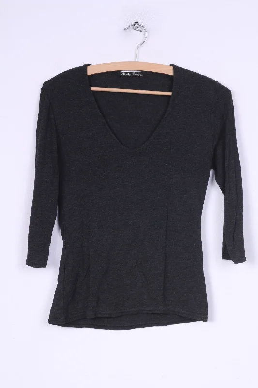 Randez Vous Womens S T4 Shirt Long Sleeve V Neck Black Soft Silk Short Sleeve