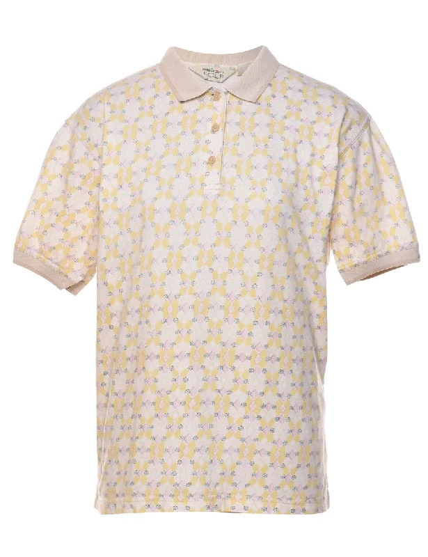 Reebok Light Yellow & Off-White Patterned Polo Shirt - M Classic Button-Up Short Tee Reebok Light Yellow & Off-White Patterned Polo Shirt - M Classic Button-Up Short Tee