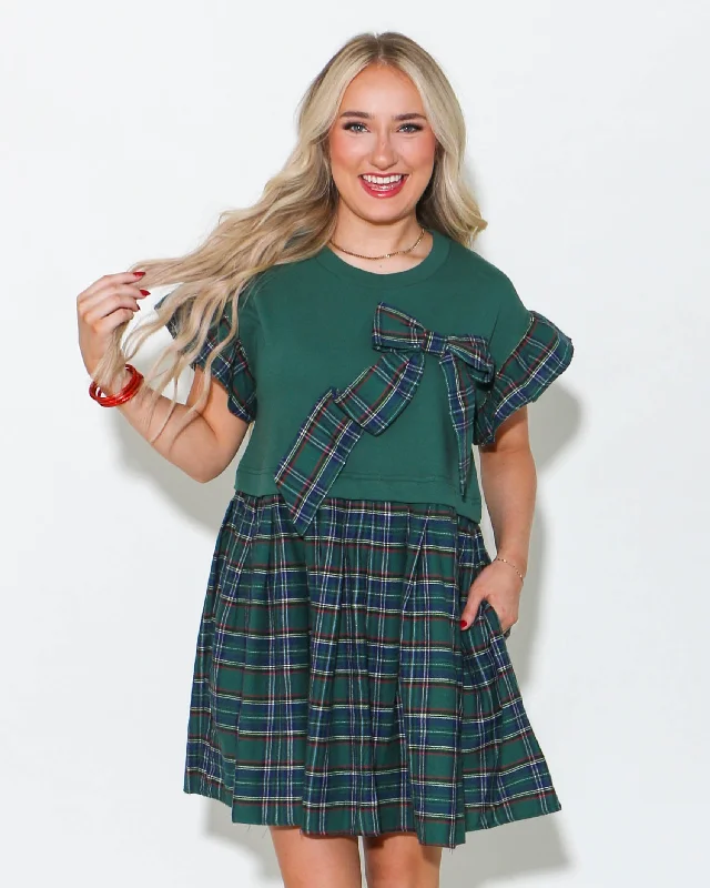 Ruffle Sleeve Plaid Ribbon Mini Dress in Green Chic Pleated Mini Dress