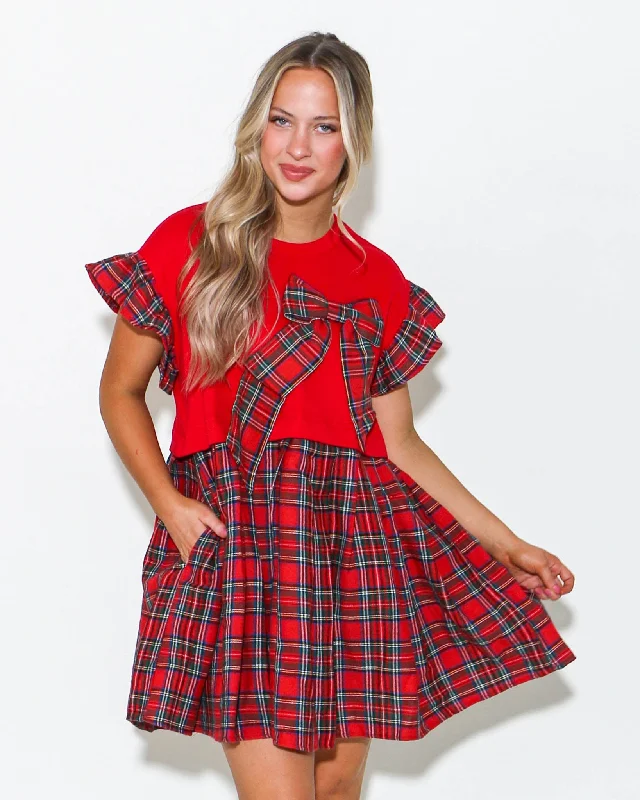 Ruffle Sleeve Plaid Ribbon Mini Dress in Red Trendy Bodycon Mini Dress