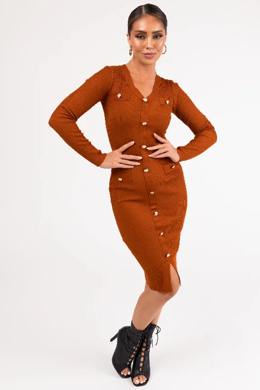 Rust Button Down Long Sleeve Ribbed Midi Dress Trendy Square Neck Midi Dress