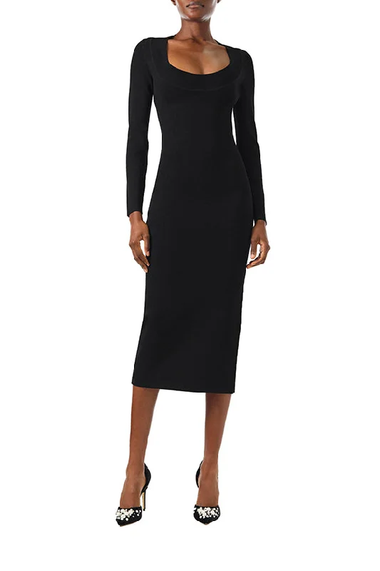 Long Sleeve Knit Midi Dress Stylish Off-Shoulder Ruffle Dress