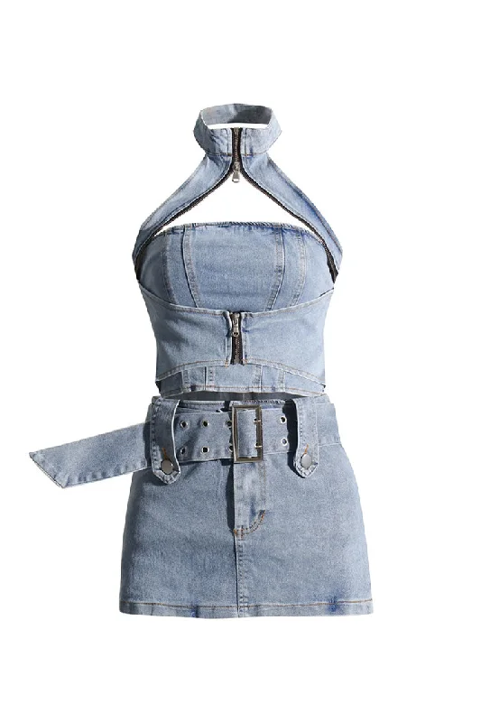 Sexy Cutout Zip Up Halter Crop Buckle Belt Two Piece Denim Micro Mini Dress Fashionable Lace-Trim Mini Dress