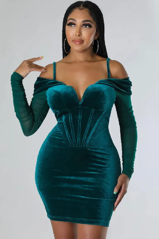 Sexy Deep V Sheer Sleeve Velvet Bodycon Corset Party Mini Dress - Emerald Green Classic Casual Mini Dress