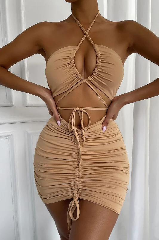 Sexy Halter Neck Cutout Drawstring Tie Ruched Bodycon Party Mini Dress - Khaki Classic Casual Mini Dress