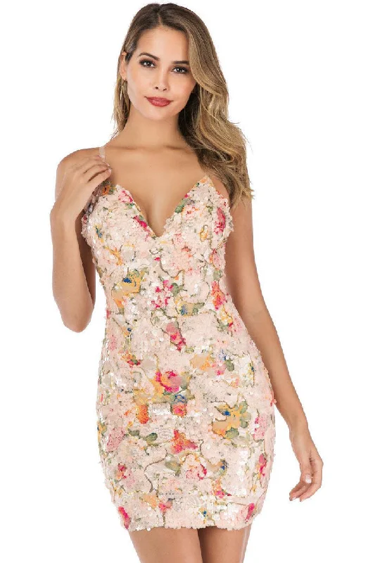 Sexy V Neck Spaghetti Strap Sleeveless Floral Sequin Party Mini Dress - Floral Modern Satin Mini Dress