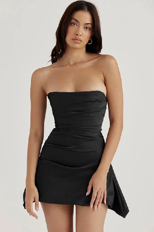 Silky Satin Pleated Trim Corset Strapless Party Mini Dress - Black Stylish Summer Mini Dress