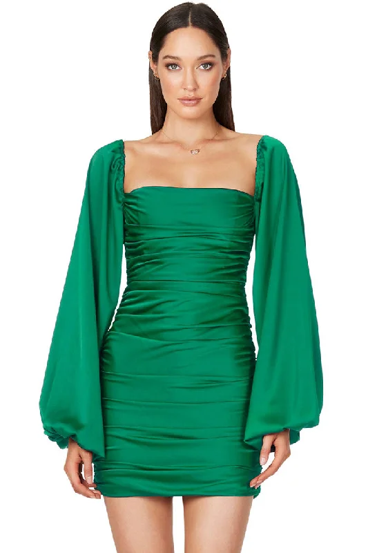 Silky Satin Square Neck Bishop Sleeve Ruched Party Mini Dress - Green Trendy Mesh Mini Dress